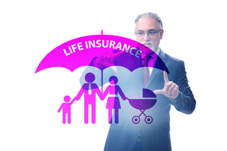 Life insurance concept with businessman pressing buttonの写真素材