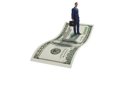Businessman flying on hundred dollar banknoteの写真素材