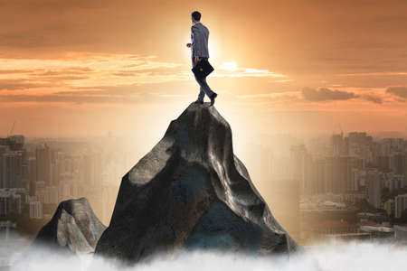 Businessman at the top of mountain in career concept