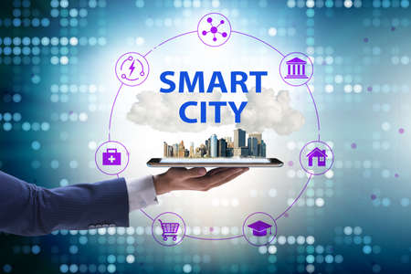 Businessman in smart city modern conceptの写真素材