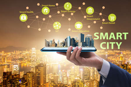 Businessman in smart city modern conceptの写真素材