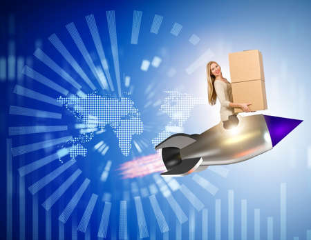 Woman flying jetpack and delivering boxes globally