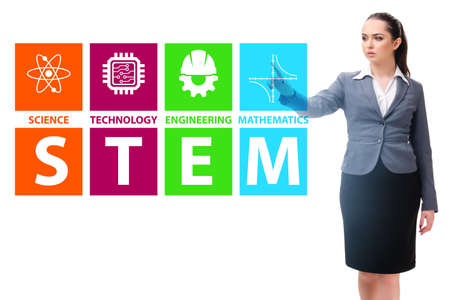 Businesswoman pressing virtual buttons in STEP education concept