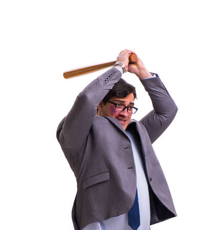 Businessman with baseball bat isolated on whiteの写真素材