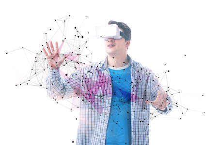 Man in neural network concept with VR glasses