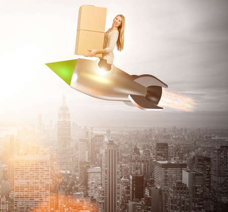 Woman in fast box delivery service on rocket