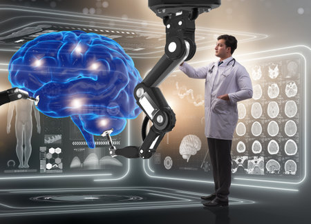 Brain surgery done by robotic armの写真素材