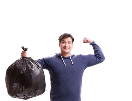 Man with garbage sack isolated on whiteの写真素材