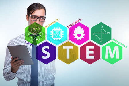 Businessman pressing virtual buttons in STEP education concept