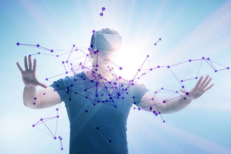 Man in neural network concept with VR glasses
