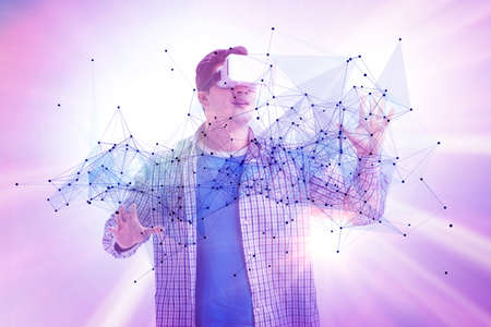Man in neural network concept with VR glassesの写真素材