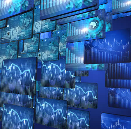 Many screen monitors with charts and graphs
