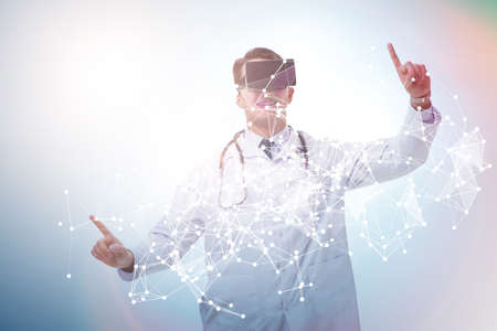 Man in neural network concept with VR glasses