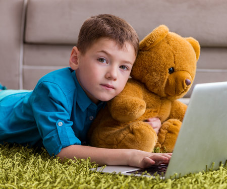 Little boy surfing internet on laptopの写真素材