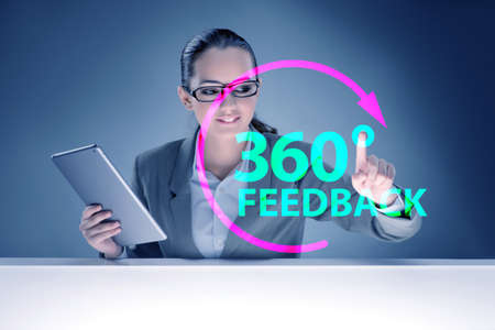 360 degree concept with businesswoman pressing button