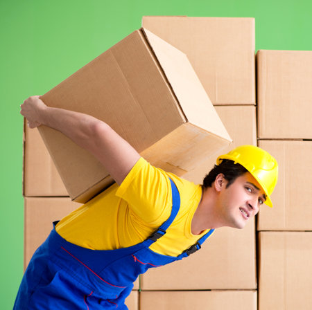 Man contractor working with boxes deliveryの写真素材