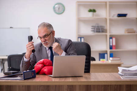 Old businessman employee wearing boxing gloves at workplaceの写真素材