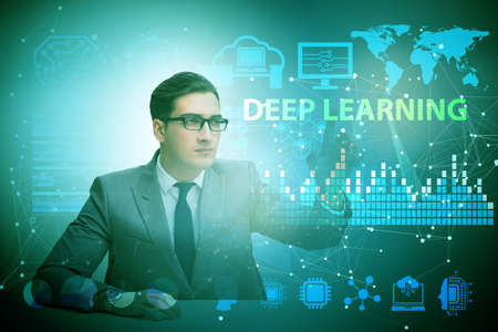 Deep learning concept with businessman pressing buttonの写真素材