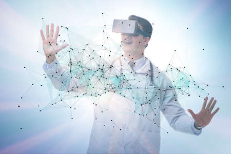 Man in neural network concept with VR glasses