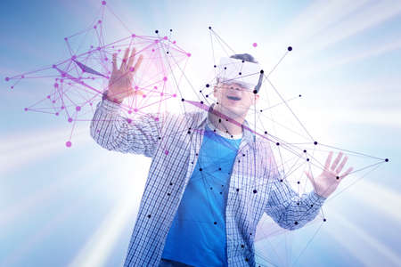 Man in neural network concept with VR glasses