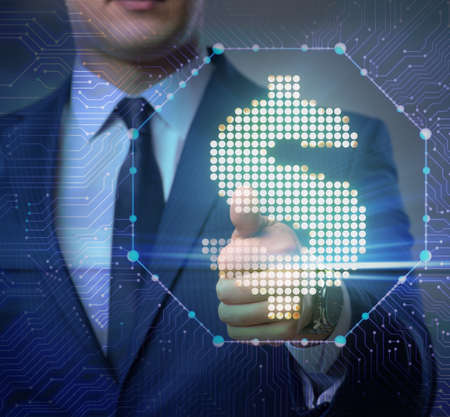 Businessman pressing virtual button with dollarの写真素材