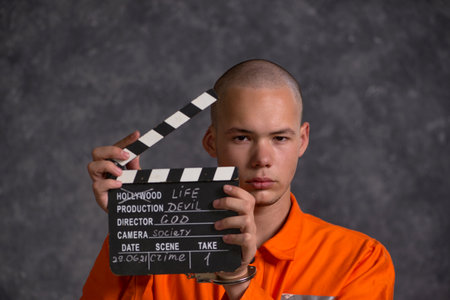 Young male prisoner holding clapper-board isolated on greyの写真素材