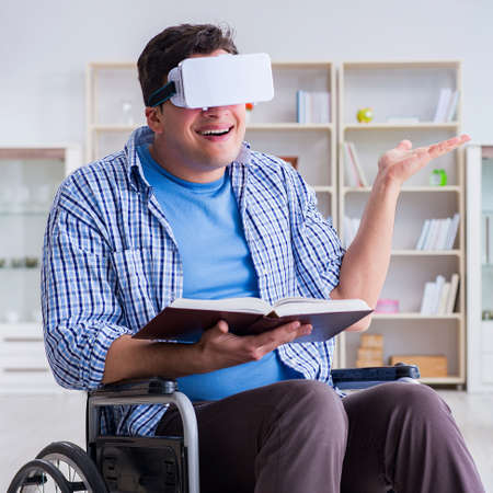 Disabled student studying with virtual reality glasses