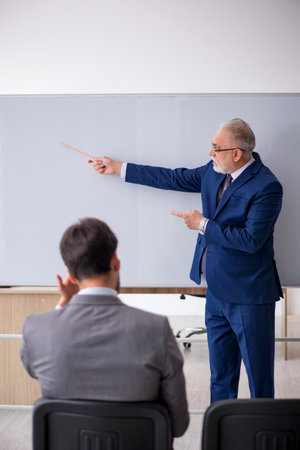 Old businessman and young male employee in front of whiteboardの写真素材