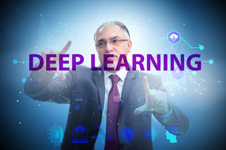 Deep learning concept with businessman pressing button