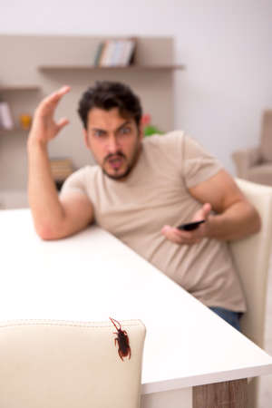Young man and a lot of cockroaches at homeの写真素材