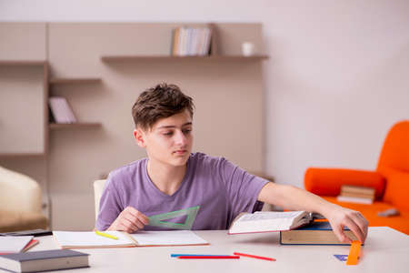 Schoolboy preparing for exams at homeの写真素材