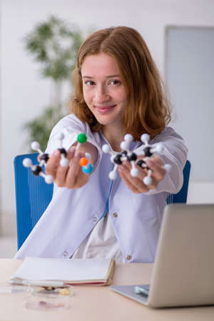 Young female chemist student studying molecular modelの写真素材
