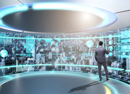 Man pressing virtual button in data mining concept