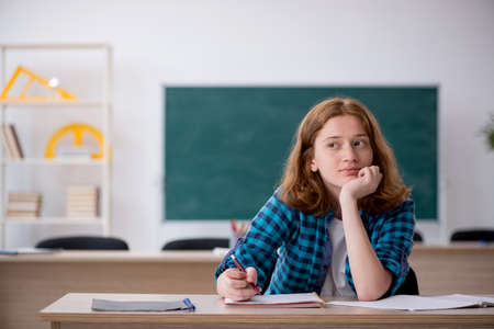 Young female student preparing for exam in the classroomの写真素材