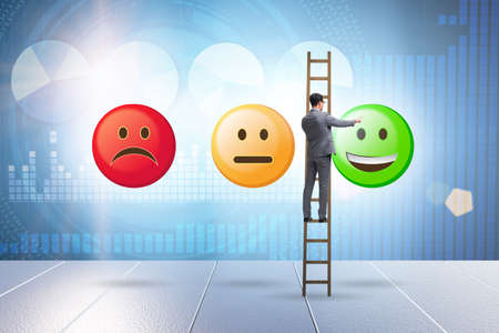 Illustration of customer feedback with faces and businessmanの写真素材