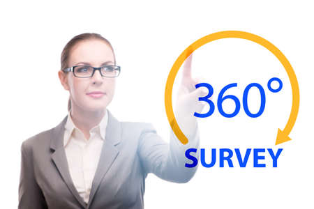 360 degree concept with businesswoman pressing buttonの写真素材