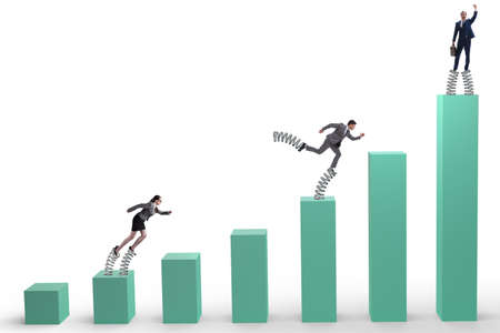 Businessman jumping high on springs