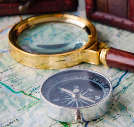 Travel concept with compass and mapの写真素材