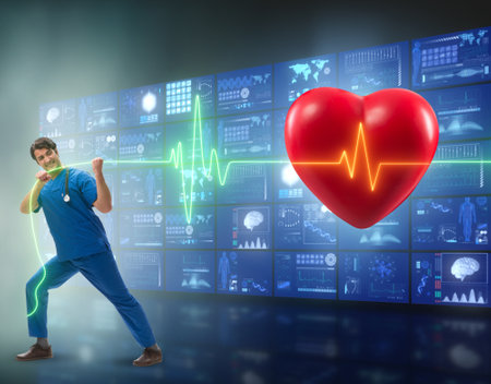 Cardiologist in telemedicine concept with heart beatの写真素材