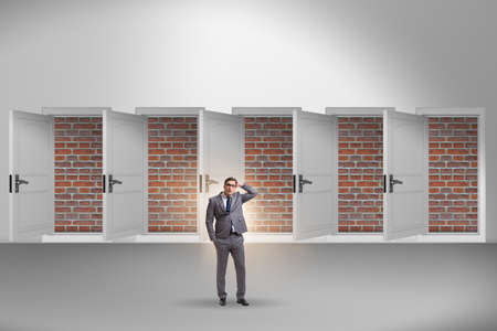 Businessman facing no exit with brick doorの写真素材