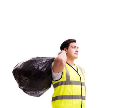 Man with garbage sack isolated on whiteの写真素材