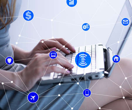 Internet of things concept with businesswomanの写真素材