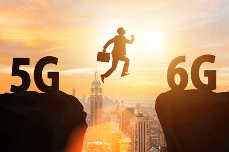 Concept of moving from 5g technology to 6g with jumping people
