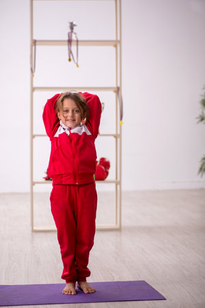 Young little girl doing sport exercises at homeの写真素材
