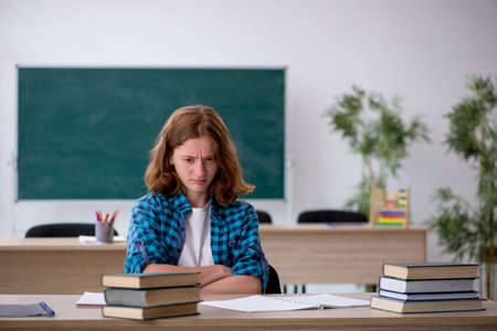 Young female student preparing for exam in the classroomの写真素材