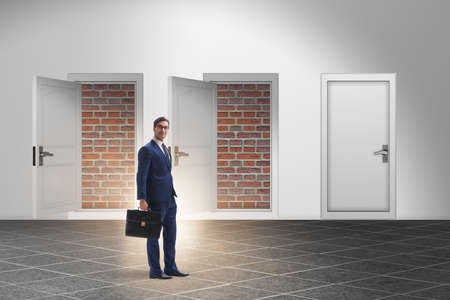 Businessman facing no exit with brick doorの写真素材