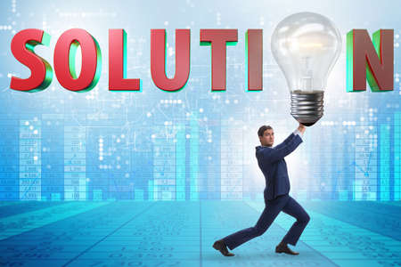 Concept of soluton with businessman and lightbulbの写真素材