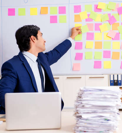Young handsome employee in front of whiteboard with to-do listの写真素材