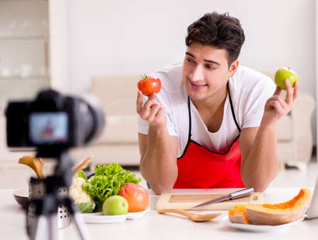 Food nutrition blogger recording video for blogの写真素材