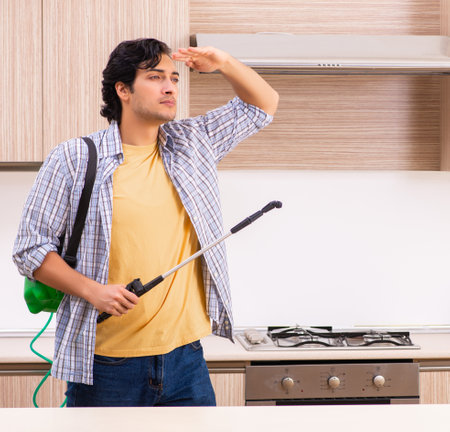 Professional contractor doing pest control at kitchenの写真素材